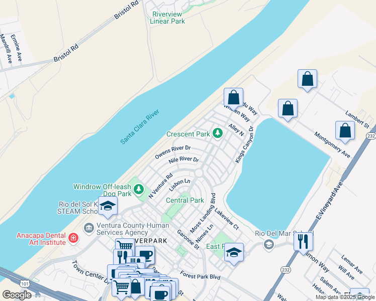 map of restaurants, bars, coffee shops, grocery stores, and more near 680 Owens River Drive in Oxnard