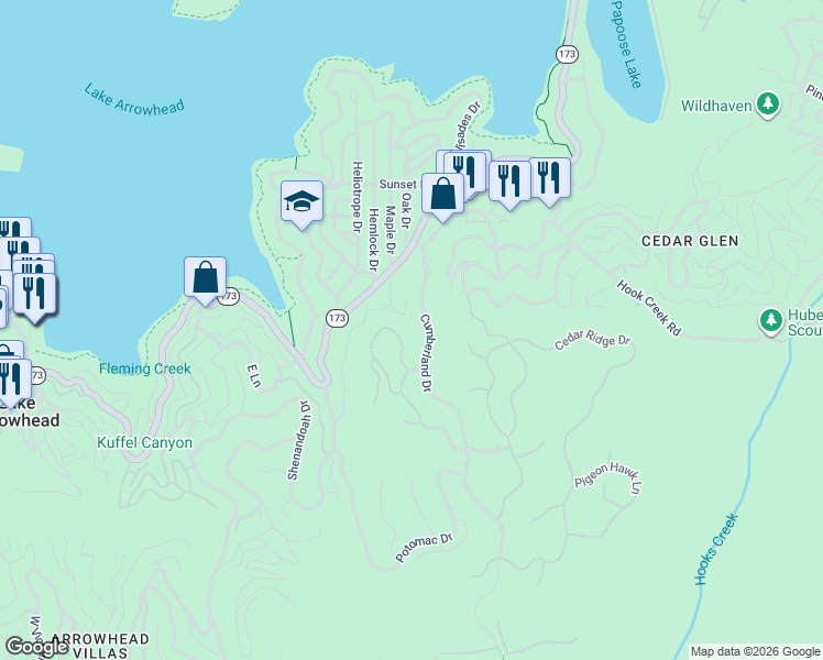 map of restaurants, bars, coffee shops, grocery stores, and more near 175 Mill Pond Road in Lake Arrowhead