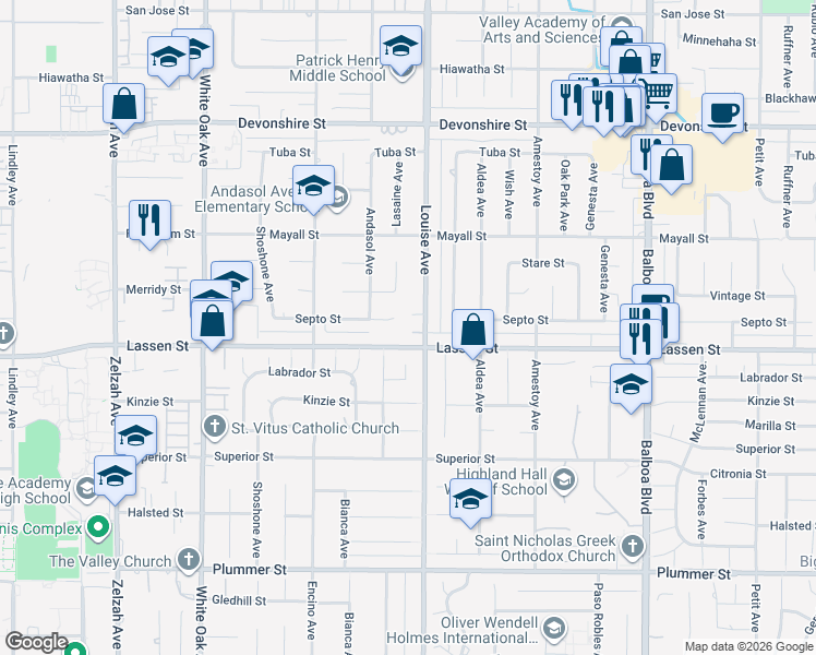 map of restaurants, bars, coffee shops, grocery stores, and more near 17315 Lassen Court in Los Angeles