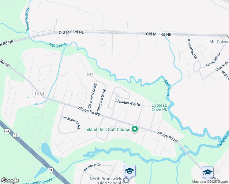 map of restaurants, bars, coffee shops, grocery stores, and more near 1141 Mill Creek Loop in Leland