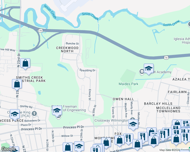 map of restaurants, bars, coffee shops, grocery stores, and more near 1107 North 30th Street in Wilmington