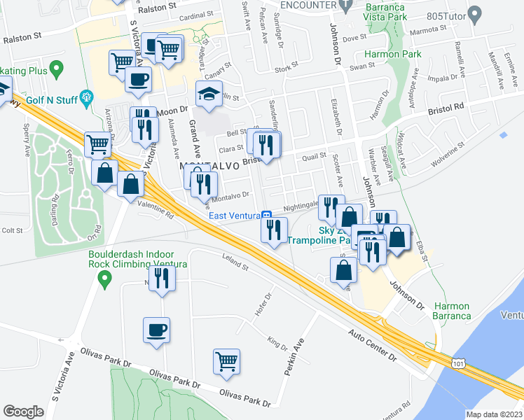 map of restaurants, bars, coffee shops, grocery stores, and more near 6309 Nightingale Street in Ventura