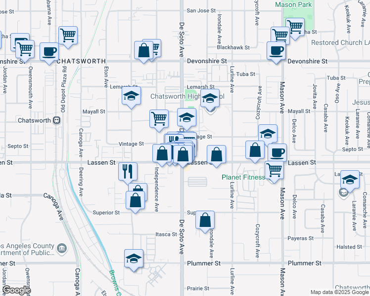 map of restaurants, bars, coffee shops, grocery stores, and more near 9920 De Soto Avenue in Los Angeles
