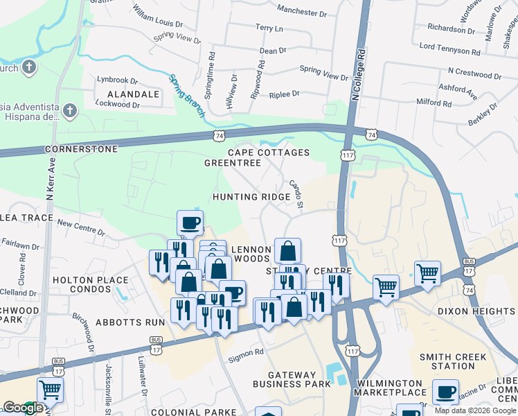 map of restaurants, bars, coffee shops, grocery stores, and more near 405 Lennon Drive in Wilmington