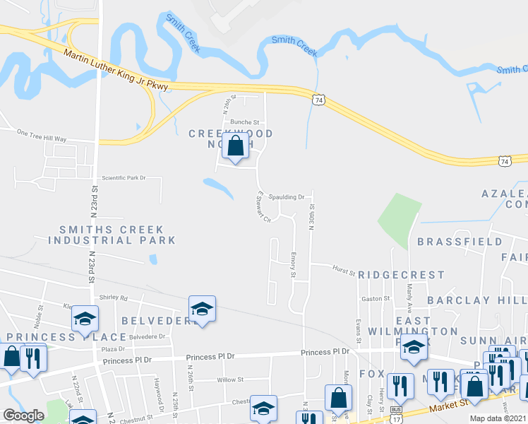map of restaurants, bars, coffee shops, grocery stores, and more near 1113 East Stewart Circle in Wilmington