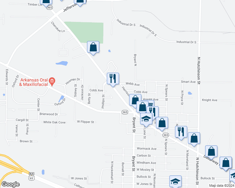 map of restaurants, bars, coffee shops, grocery stores, and more near 6204 Dollarway Road in Pine Bluff