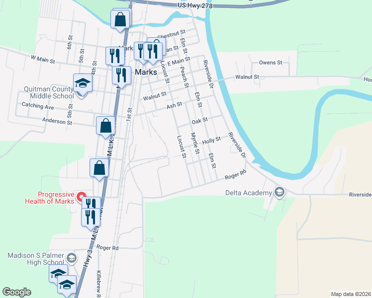 map of restaurants, bars, coffee shops, grocery stores, and more near 300 Holly Street in Marks