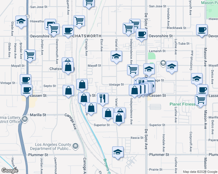 map of restaurants, bars, coffee shops, grocery stores, and more near 21145 Lassen Street in Los Angeles