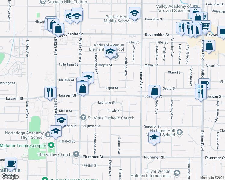 map of restaurants, bars, coffee shops, grocery stores, and more near 17444 Septo Street in Los Angeles