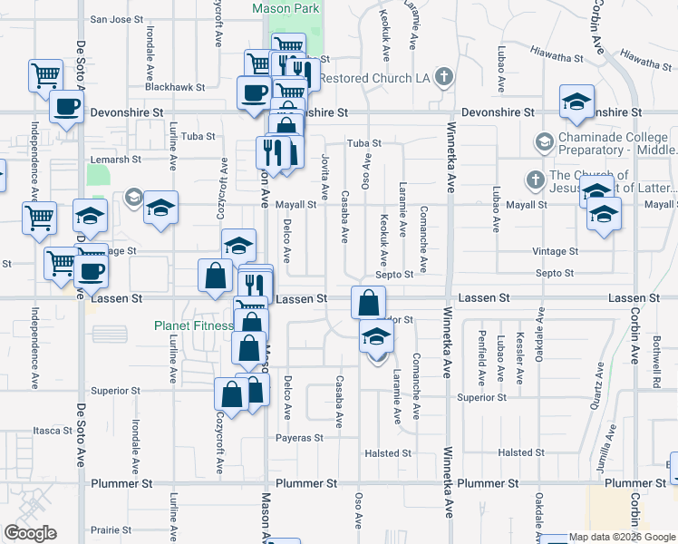 map of restaurants, bars, coffee shops, grocery stores, and more near 9931 Casaba Avenue in Los Angeles