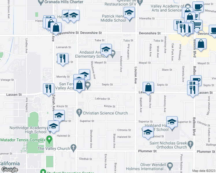 map of restaurants, bars, coffee shops, grocery stores, and more near 17444 Septo Street in Los Angeles