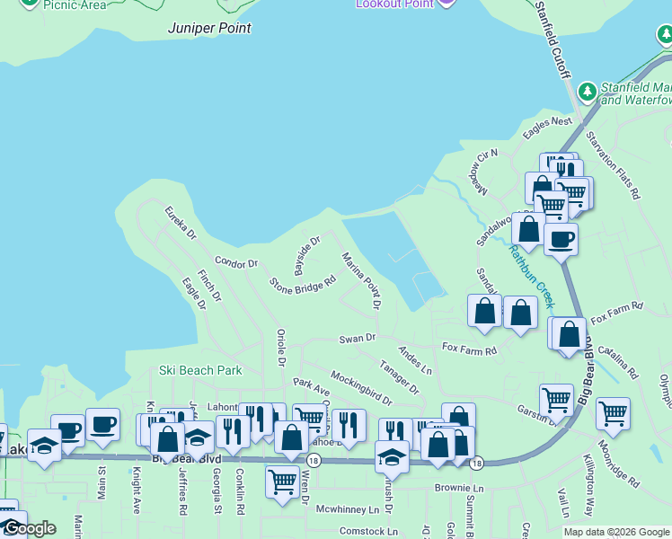 map of restaurants, bars, coffee shops, grocery stores, and more near 41574 Stone Bridge Road in Big Bear Lake