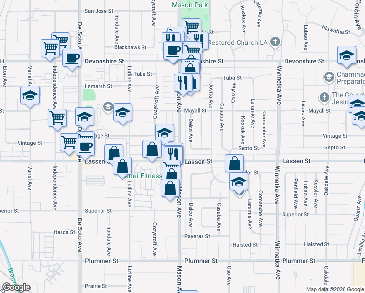 map of restaurants, bars, coffee shops, grocery stores, and more near 9932 Mason Avenue in Los Angeles