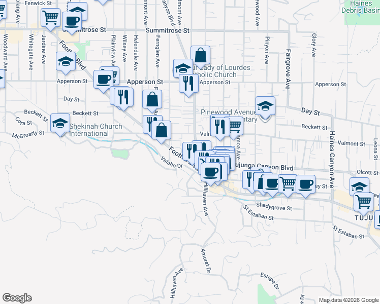 map of restaurants, bars, coffee shops, grocery stores, and more near 7324 Elmo Street in Los Angeles