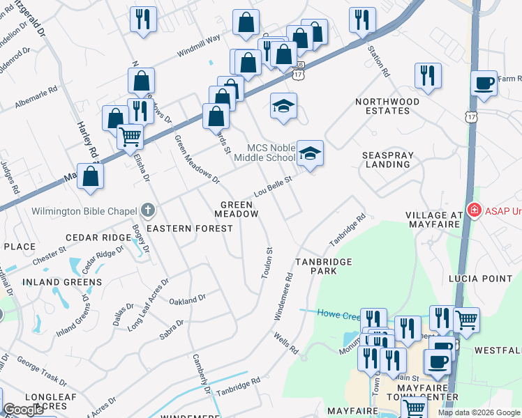 map of restaurants, bars, coffee shops, grocery stores, and more near 309 Toulon Street in Wilmington