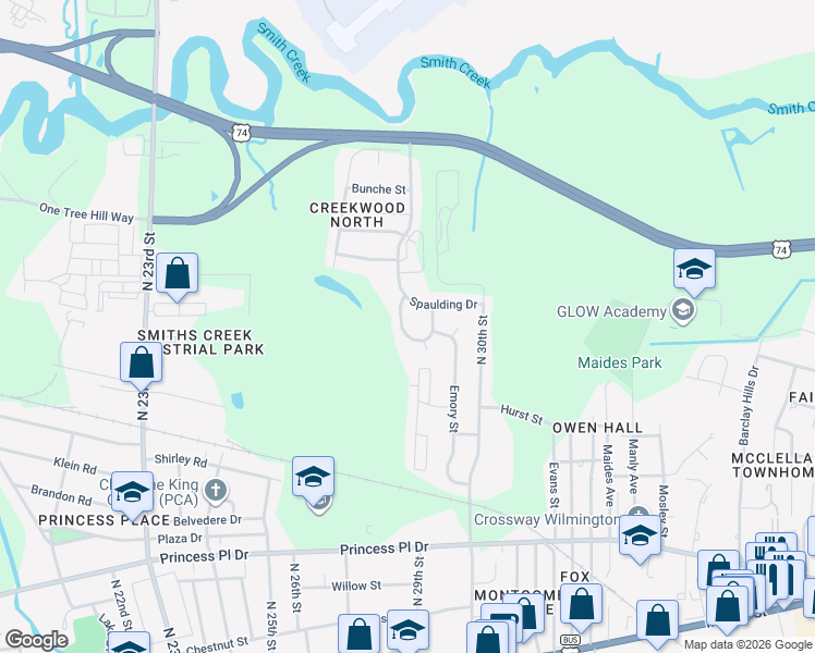 map of restaurants, bars, coffee shops, grocery stores, and more near 1113 East Stewart Circle in Wilmington