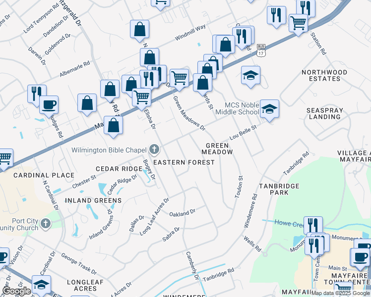 map of restaurants, bars, coffee shops, grocery stores, and more near 209 Madeline Drive in Wilmington
