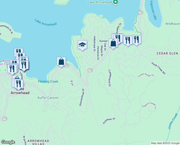map of restaurants, bars, coffee shops, grocery stores, and more near 109 Highway 173 in Lake Arrowhead