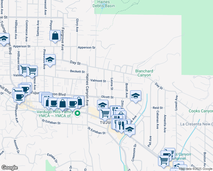 map of restaurants, bars, coffee shops, grocery stores, and more near 6616 Valmont Street in Los Angeles