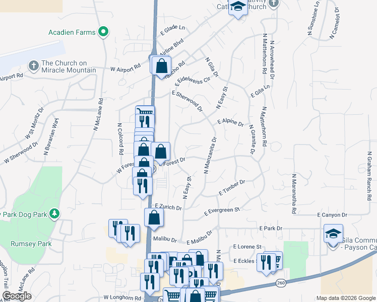 map of restaurants, bars, coffee shops, grocery stores, and more near 805 North Ponderosa Circle in Payson
