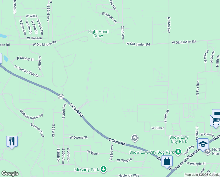 map of restaurants, bars, coffee shops, grocery stores, and more near 60 South Bench Circle in Show Low