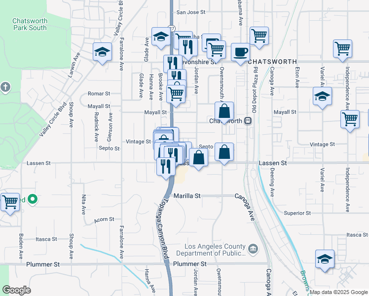map of restaurants, bars, coffee shops, grocery stores, and more near 9950 California 27 in Los Angeles