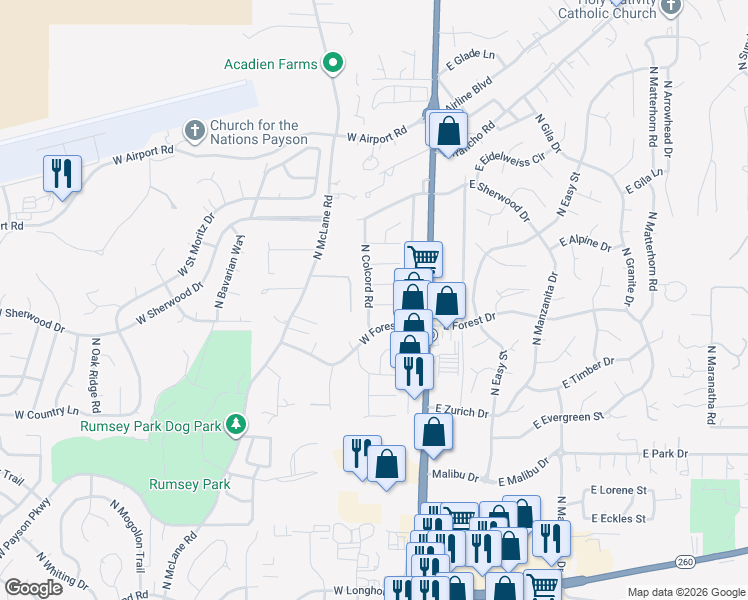 map of restaurants, bars, coffee shops, grocery stores, and more near 806 North Colcord Road in Payson