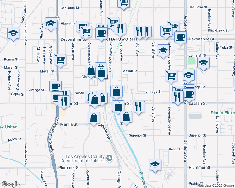 map of restaurants, bars, coffee shops, grocery stores, and more near 9939 Canoga Avenue in Los Angeles