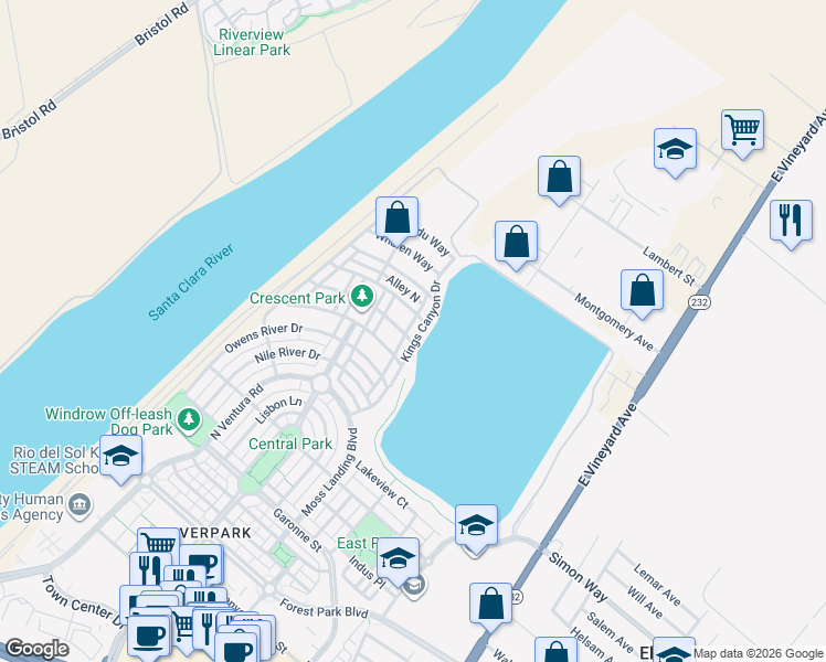 map of restaurants, bars, coffee shops, grocery stores, and more near 3511 Kings Canyon Drive in Oxnard