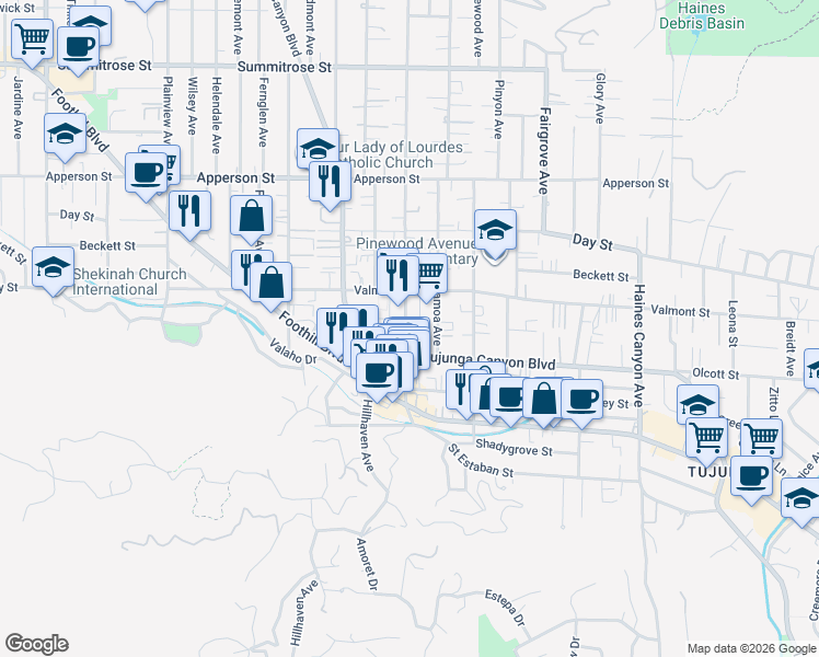 map of restaurants, bars, coffee shops, grocery stores, and more near 10030 Commerce Avenue in Los Angeles