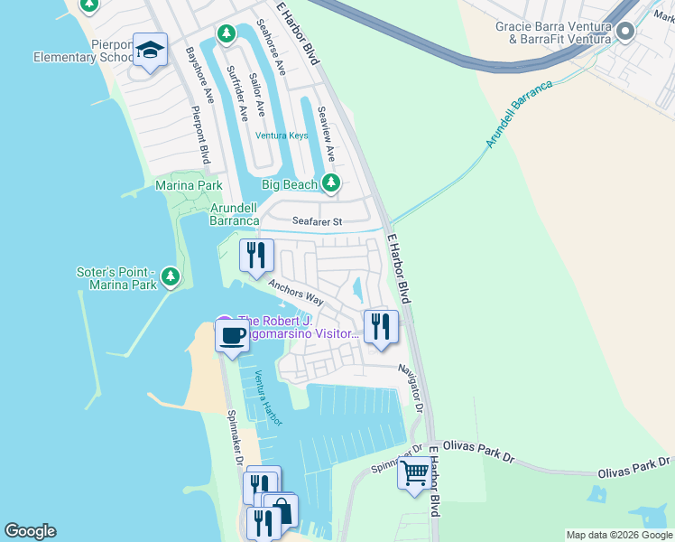 map of restaurants, bars, coffee shops, grocery stores, and more near 1215 Anchors Way in Ventura
