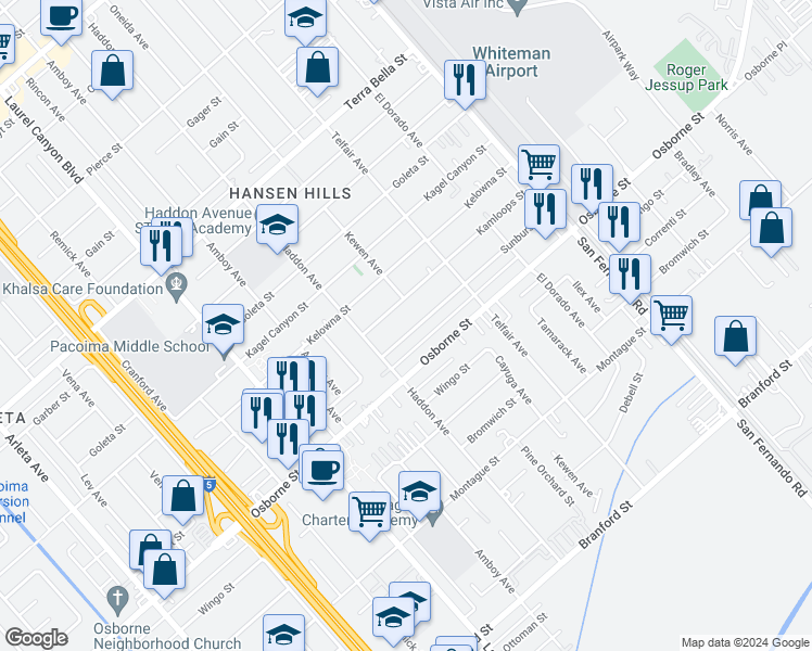 map of restaurants, bars, coffee shops, grocery stores, and more near 12983 Sunburst Street in Los Angeles