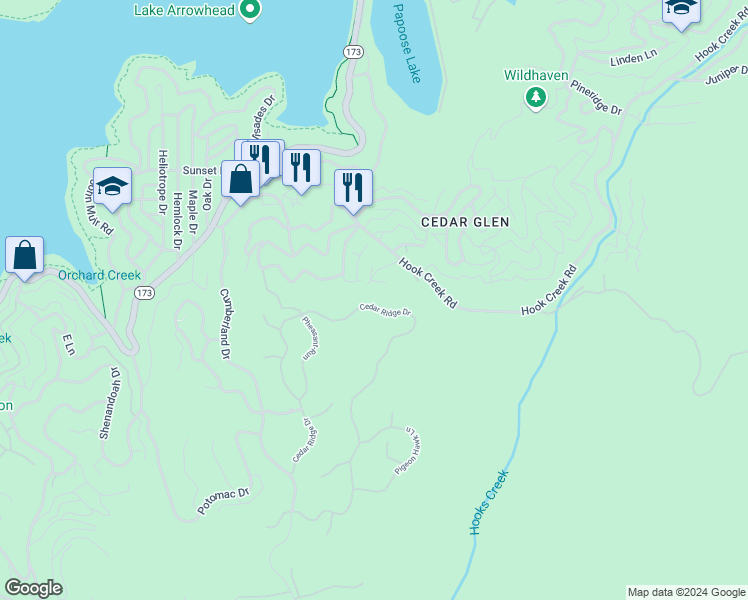 map of restaurants, bars, coffee shops, grocery stores, and more near 343 Cedar Ridge Drive in Lake Arrowhead