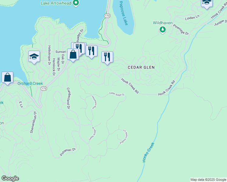 map of restaurants, bars, coffee shops, grocery stores, and more near 343 Cedar Ridge Drive in Lake Arrowhead