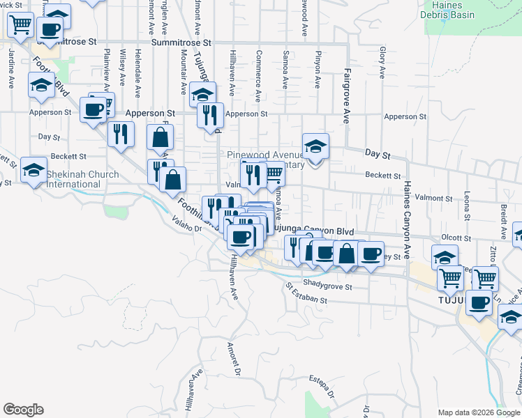 map of restaurants, bars, coffee shops, grocery stores, and more near 10030 Commerce Avenue in Los Angeles