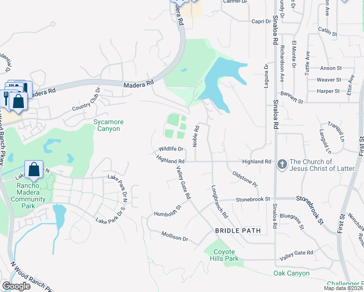 map of restaurants, bars, coffee shops, grocery stores, and more near 107 Wildlife Drive in Simi Valley