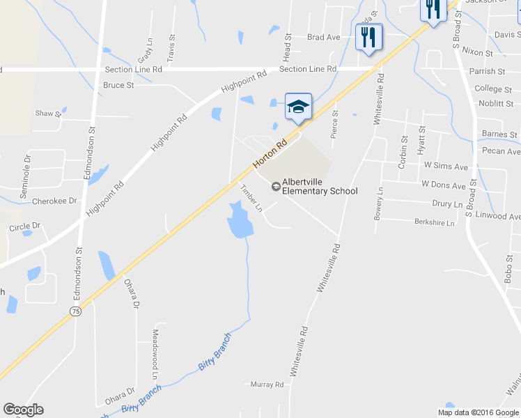 map of restaurants, bars, coffee shops, grocery stores, and more near Timber Lane in Albertville