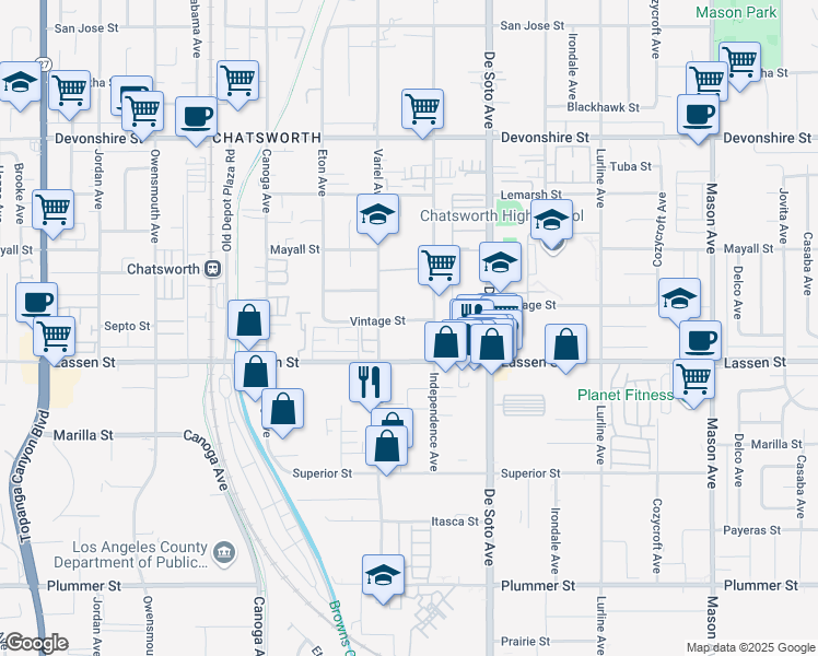 map of restaurants, bars, coffee shops, grocery stores, and more near 21024 Vintage Street in Los Angeles