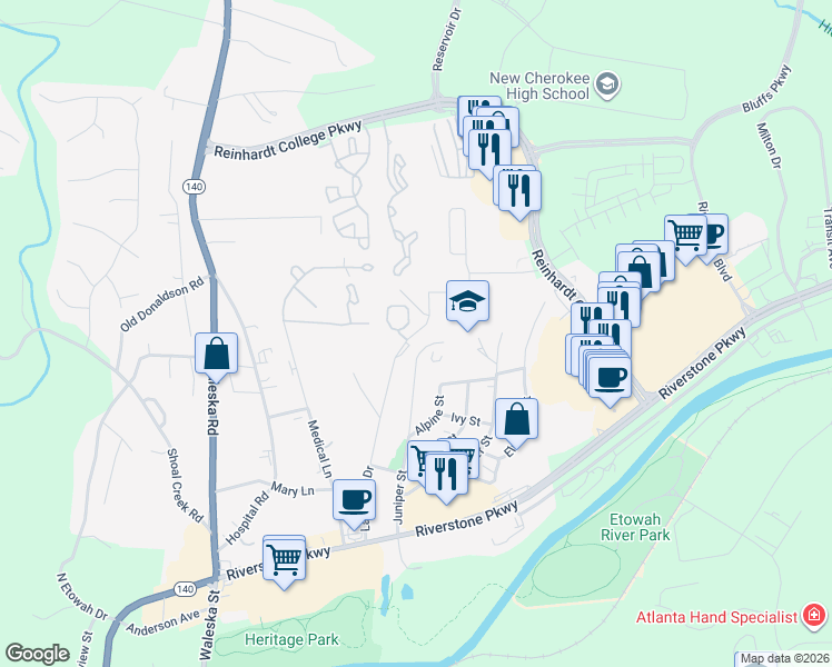 map of restaurants, bars, coffee shops, grocery stores, and more near 381 Lakeview Drive in Canton