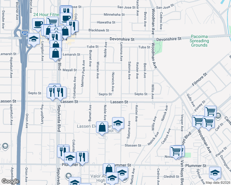 map of restaurants, bars, coffee shops, grocery stores, and more near 9934 Norwich Avenue in Los Angeles