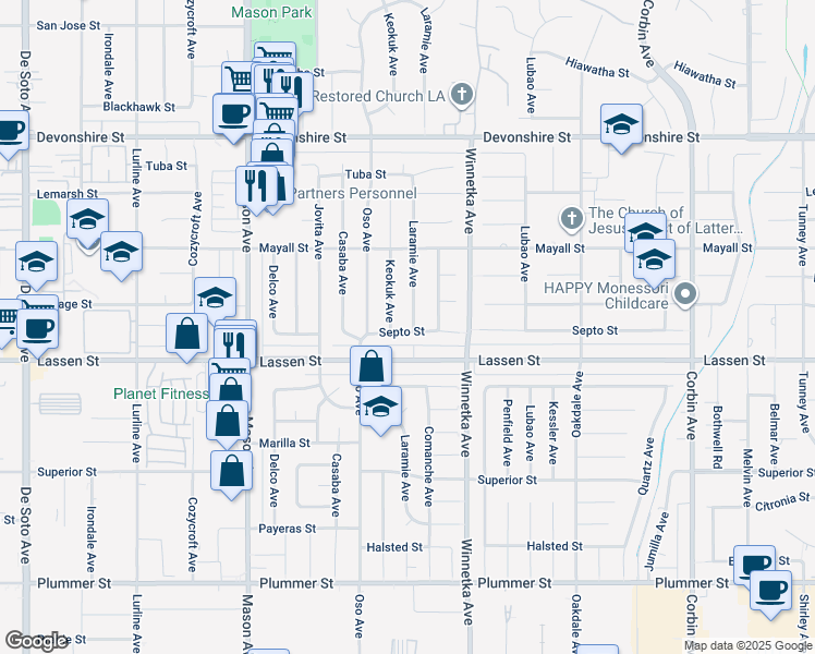 map of restaurants, bars, coffee shops, grocery stores, and more near 20201 Septo Street in Los Angeles