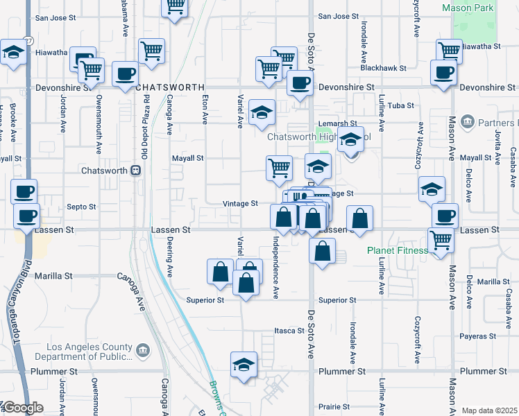 map of restaurants, bars, coffee shops, grocery stores, and more near 21024 Vintage Street in Los Angeles