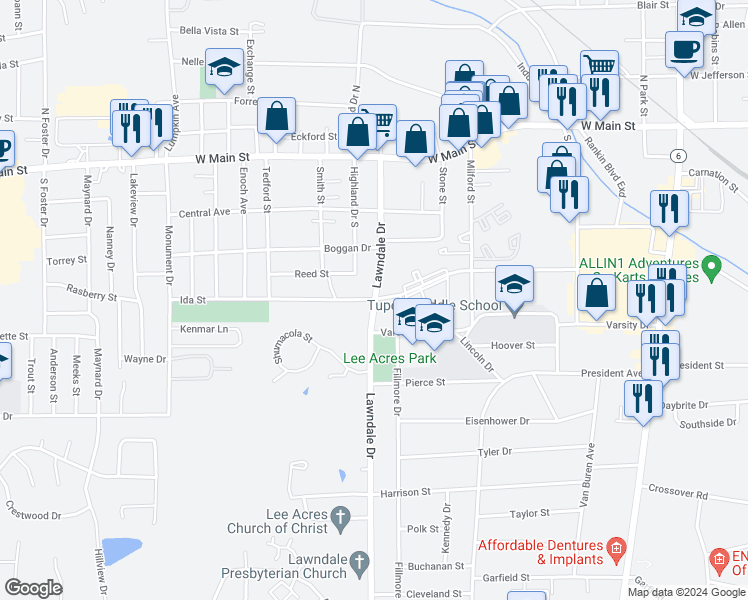 map of restaurants, bars, coffee shops, grocery stores, and more near 901 Lawndale Drive in Tupelo