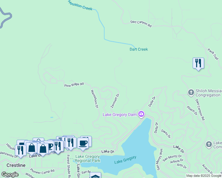 map of restaurants, bars, coffee shops, grocery stores, and more near 112 Zermatt Drive in Crestline
