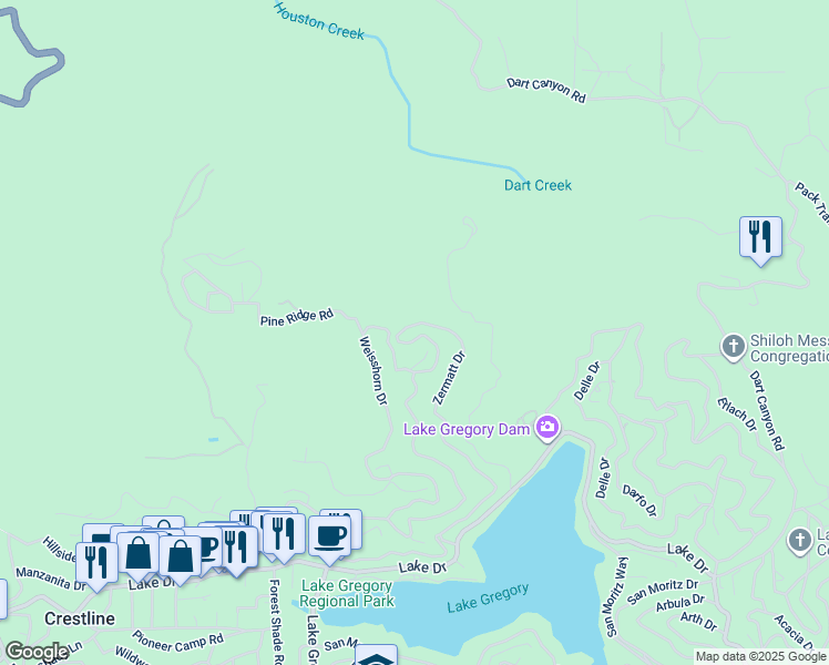 map of restaurants, bars, coffee shops, grocery stores, and more near 117 Wylerhorn Drive in Crestline