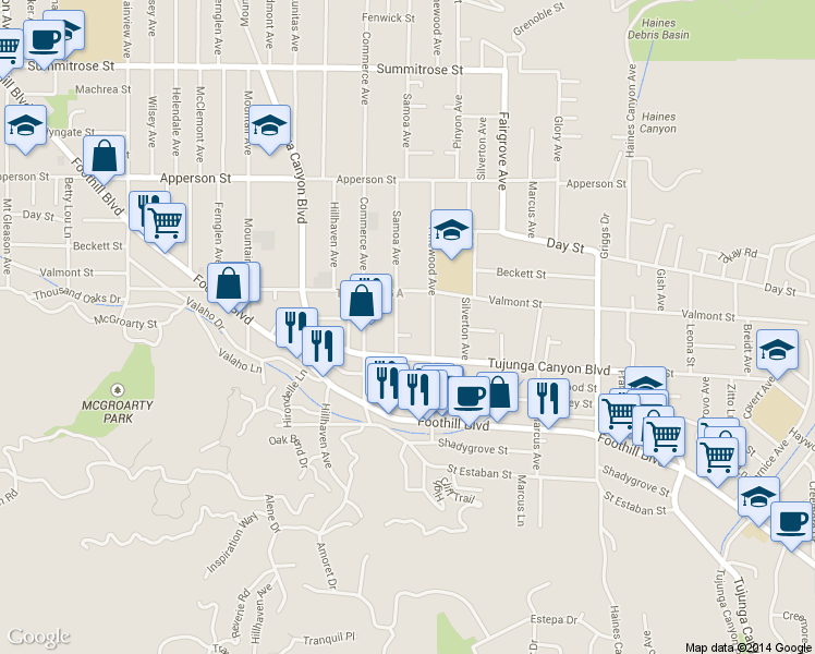 map of restaurants, bars, coffee shops, grocery stores, and more near 10117 West Amber Court in Los Angeles