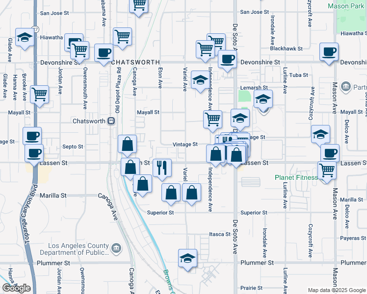 map of restaurants, bars, coffee shops, grocery stores, and more near 21100 Vintage Street in Los Angeles