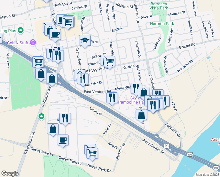 map of restaurants, bars, coffee shops, grocery stores, and more near 6309 Nightingale Street in Ventura