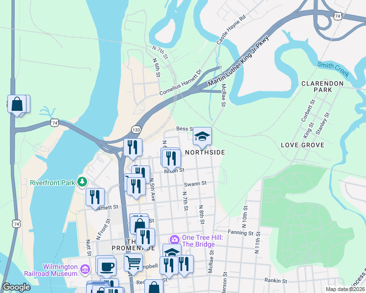 map of restaurants, bars, coffee shops, grocery stores, and more near 717 Taylor St in Wilmington