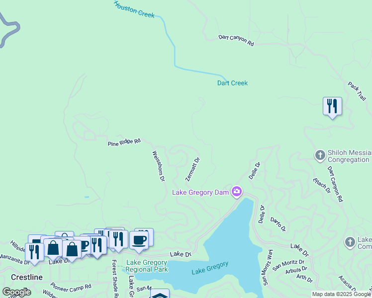 map of restaurants, bars, coffee shops, grocery stores, and more near 112 Zermatt Drive in Crestline